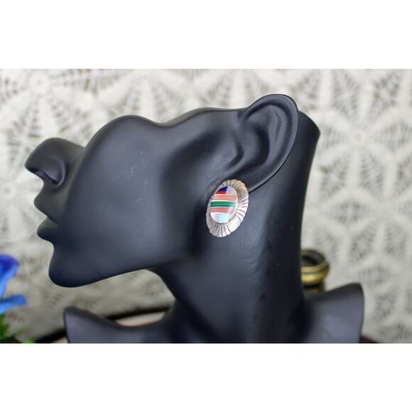 Sterling Silver Southwest Inlay Post Earrings - Picture 2 of 4
